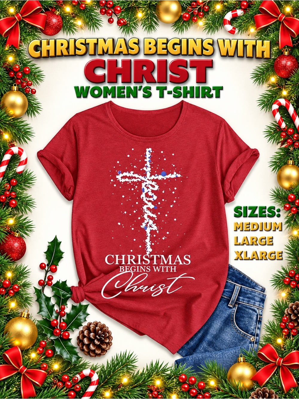 Festive Red Women's T-Shirt with Christmas Graphic Christmas Begins with CHRIST